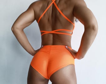 Halloween-danskleding, paaldansoutfit, neonoranje paaldans, oranje short, topje met bandjes, aangepaste danskleding, bootyshorts