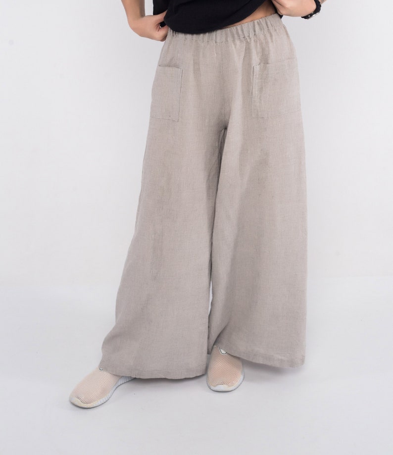 Washed Linen womens pants with elastic waistband and pockets Loose pants Linen culottes Simple pants Wide pants linen trousers 20 colors