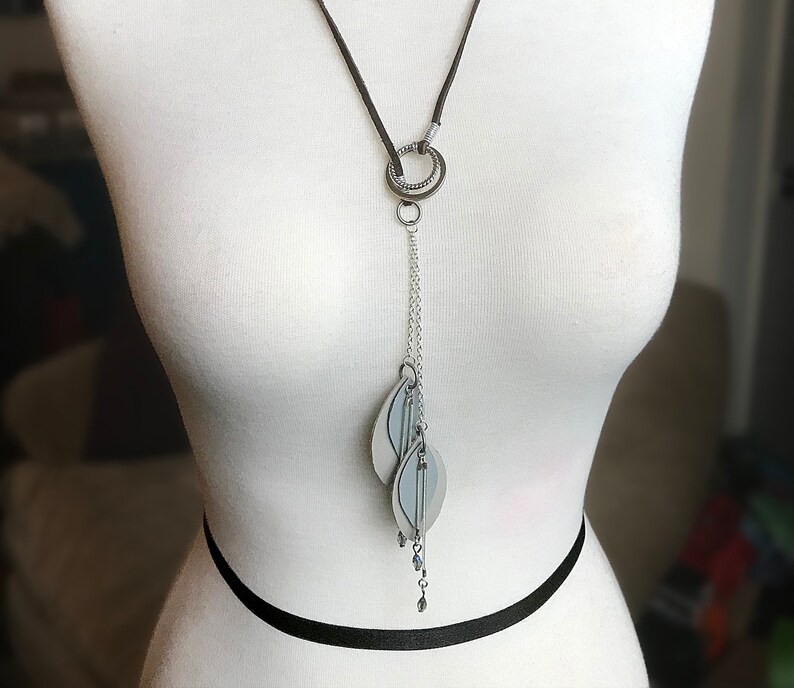 Light Blue and Silver Light Gray Leaf and Chain with Bead Accents Handmade Leather and Metal Lariat Necklace