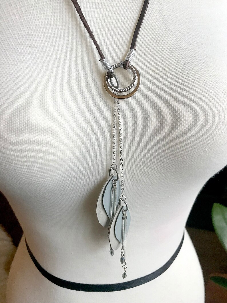 Light Blue and Silver Light Gray Leaf and Chain with Bead Accents Handmade Leather and Metal Lariat Necklace