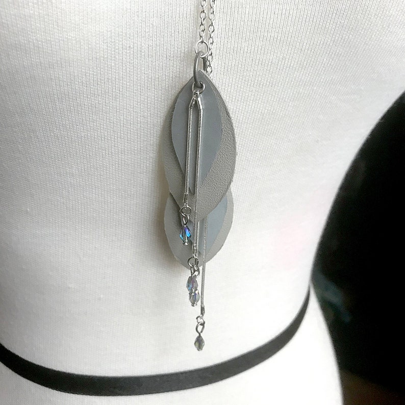 Light Blue and Silver Light Gray Leaf and Chain with Bead Accents Handmade Leather and Metal Lariat Necklace