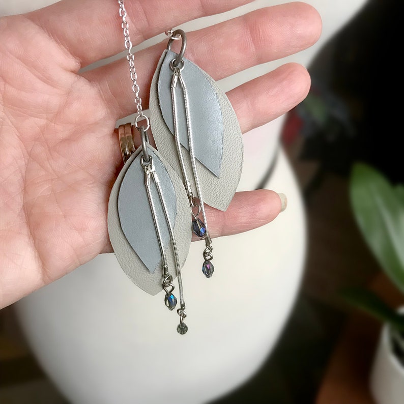 Light Blue and Silver Light Gray Leaf and Chain with Bead Accents Handmade Leather and Metal Lariat Necklace