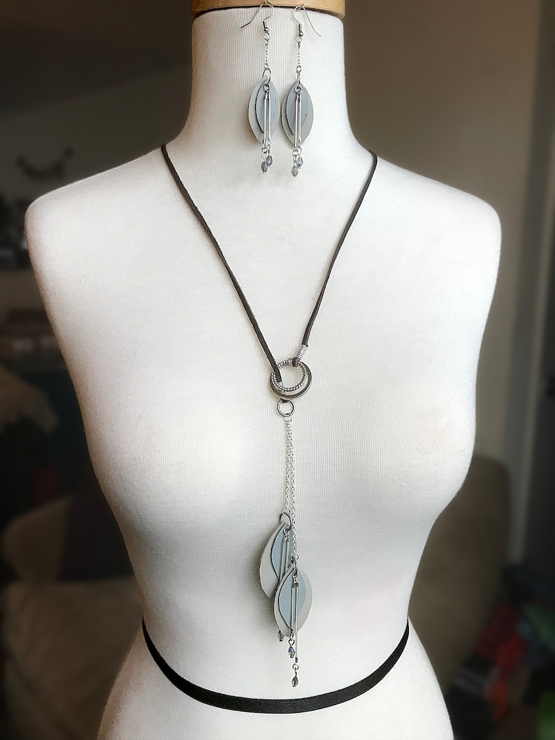 Light Blue and Silver Light Gray Leaf and Chain with Bead Accents Handmade Leather and Metal Lariat Necklace