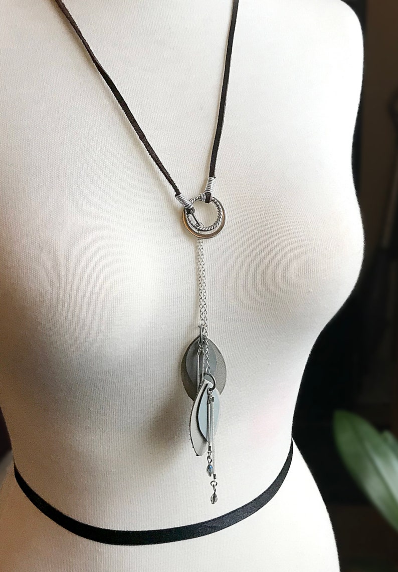 Light Blue and Silver Light Gray Leaf and Chain with Bead Accents Handmade Leather and Metal Lariat Necklace