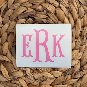 May include: A white sticker featuring the pink monogram letters ERK. The letters are in a decorative, serif font. The sticker is displayed on a woven, brown background.