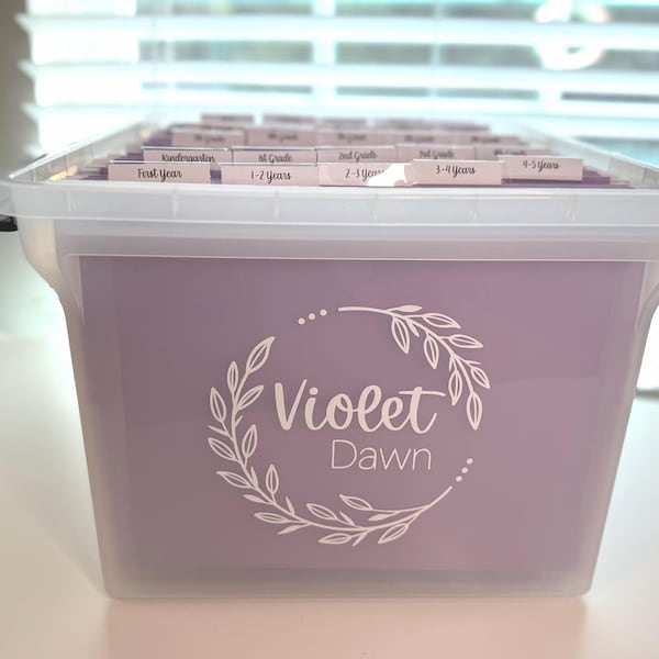 KIDS vinyl name decal, milestone tote decal, file box decal, school keepsakes, memory box sticker, milestone kit, sticker for bin