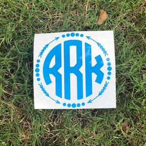 May include: A blue monogram decal with the letters "RRK" in a circle with arrows and dots around the outside.