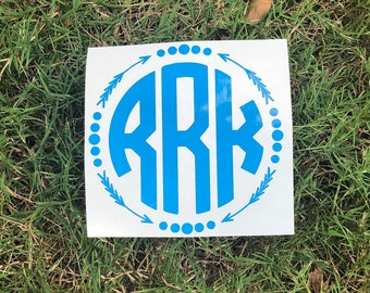 May include: A blue monogram decal with the letters "RRK" in a circle with arrows and dots around the outside.