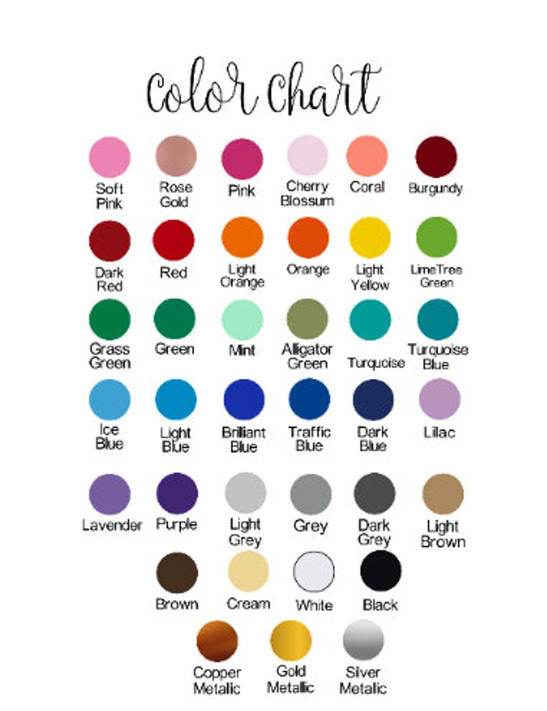 May include: Color chart with 28 different color swatches. The colors include soft pink, rose gold, pink, cherry blossom, coral, burgundy, dark red, red, light orange, orange, light yellow, lime tree green, grass green, green, mint, alligator green, turquoise, turquoise blue, ice blue, light blue, brilliant blue, traffic blue, dark blue, lilac, lavender, purple, light grey, grey, dark grey, light brown, brown, cream, white, black, copper metallic, gold metallic, and silver metallic.