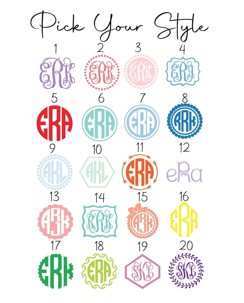 K&ouml;nnte beinhalten: Eine Tabelle mit 20 verschiedenen Monogrammstilen, nummeriert von 1 bis 20. Jedes Monogramm ist in einer anderen Farbe und einem anderen Stil gehalten, darunter ein Kreis, ein Quadrat, ein Sechseck und ein Kranz. Die Monogrammbuchstaben sind "ERA", "RK", "SK" und "AHL".