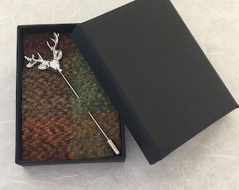 Stags Head Tie Pin, Hat Pin, In An Autumn Plaid Harris Tweed Lined Gift Box, Gift From Scotland, Gift For Her, Gift For Him,