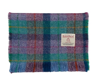 Harris Tweed Luxury Fringed Scarf, Violet and Kingfisher Blue Tartan Check - Pure New Wool, Scottish Gift