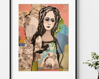 Whimsical modern painting female abstract portrait mixed media contemporary collage art on 12x16 artist paper &quot;Heidi&quot; by Donna Ceraulo
