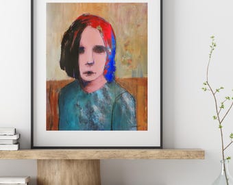 May include: A painting of a person with red and blue hair, wearing a teal shirt. The person is looking directly at the viewer. The background is a muted yellow and brown.