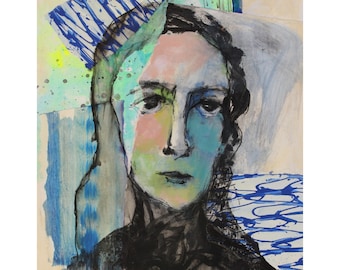 Original Art Mixed Media Art Portrait Abstract modern Wall Art black blue green art on 11x14 Artist Paper &quot;Benedict” by Donna Ceraulo