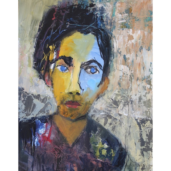 Art du portrait technique mixte abstrait visage masculin jeune homme Art du portrait sur papier d'artiste 11 x 14 « Joshua » par Donna Ceraulo