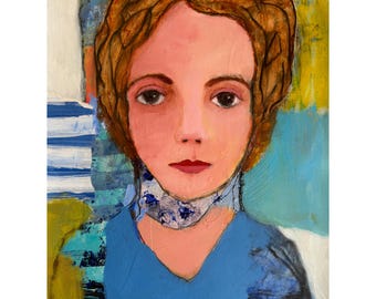Original art modern mixed media painting abstract female portrait on 12x16 artist paper "Elaine B" by Donna Ceraulo
