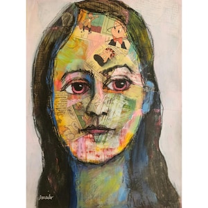 Whimsical Face Abstract Portrait Original painting expressive portrait modern mixed media art on 12x16 artist paper &quot;Lulu&quot; by Donna Ceraulo