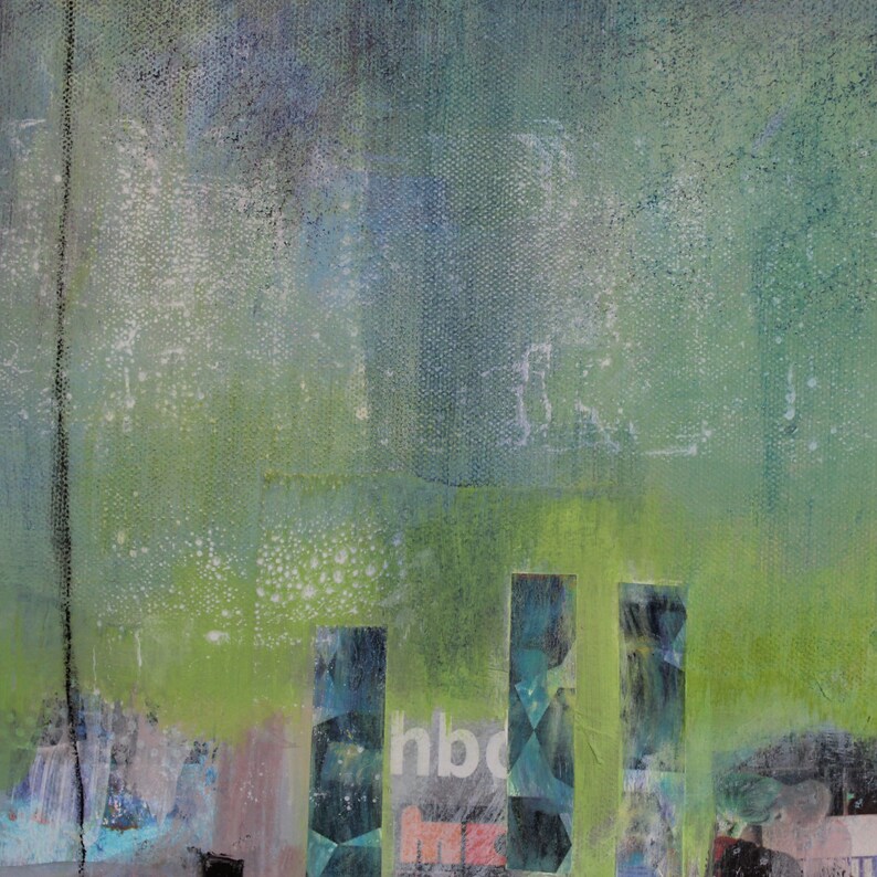 lime green aqua Abstract Art Collage Original Art Mixed Media Collage 16x20 Happy Meal Factory by Donna Ceraulo coral