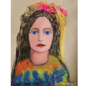 Original Painting mixed media abstract Female Portrait expressionist wall art abstract face blue eyes on 11x14 paper “June&quot; by Donna Ceraulo