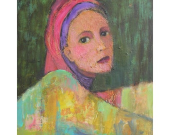 Original Abstract Art Contemporary Portrait Painting Colorful Female Figurative textured art on 16x20 canvas &quot;Alayna&quot; by Donna Ceraulo