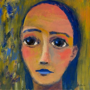 May include: An expressive portrait painting of a person with blue hair and lips, and rosy cheeks. The artwork features large, dark eyes and is set against a yellow and blue background. The artist's signature is in the lower right corner.