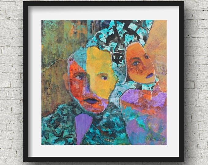 ORIGINAL Mixed Media Portraits Man and Woman Abstract on 14x14 Etsy