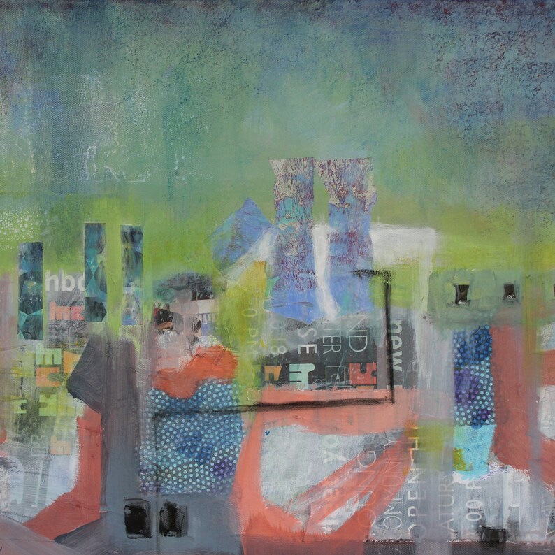 lime green aqua Abstract Art Collage Original Art Mixed Media Collage 16x20 Happy Meal Factory by Donna Ceraulo coral