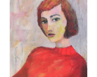 Contemporary Portrait female young woman portrait Mixed Media red wall art on 16x20 canvas &quot;Rayna&quot; by Donna Ceraulo