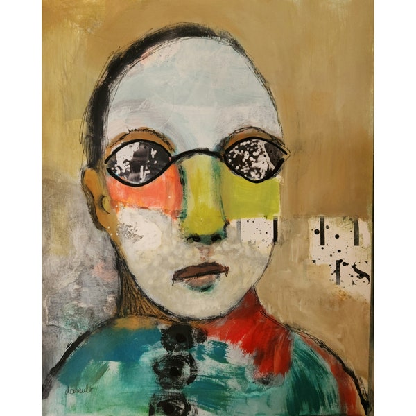 Original Art Mixed Media Art Portrait Abstract modern male with glasses contemporary art on 11x14 Artist Paper "Daniel” by Donna Ceraulo
