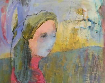 Original Art Mini Abstract Face Expressionistic Painting small portrait painting on 10x10 Cradled Wood Panel &quot;Carly&quot; by  Donna Ceraulo