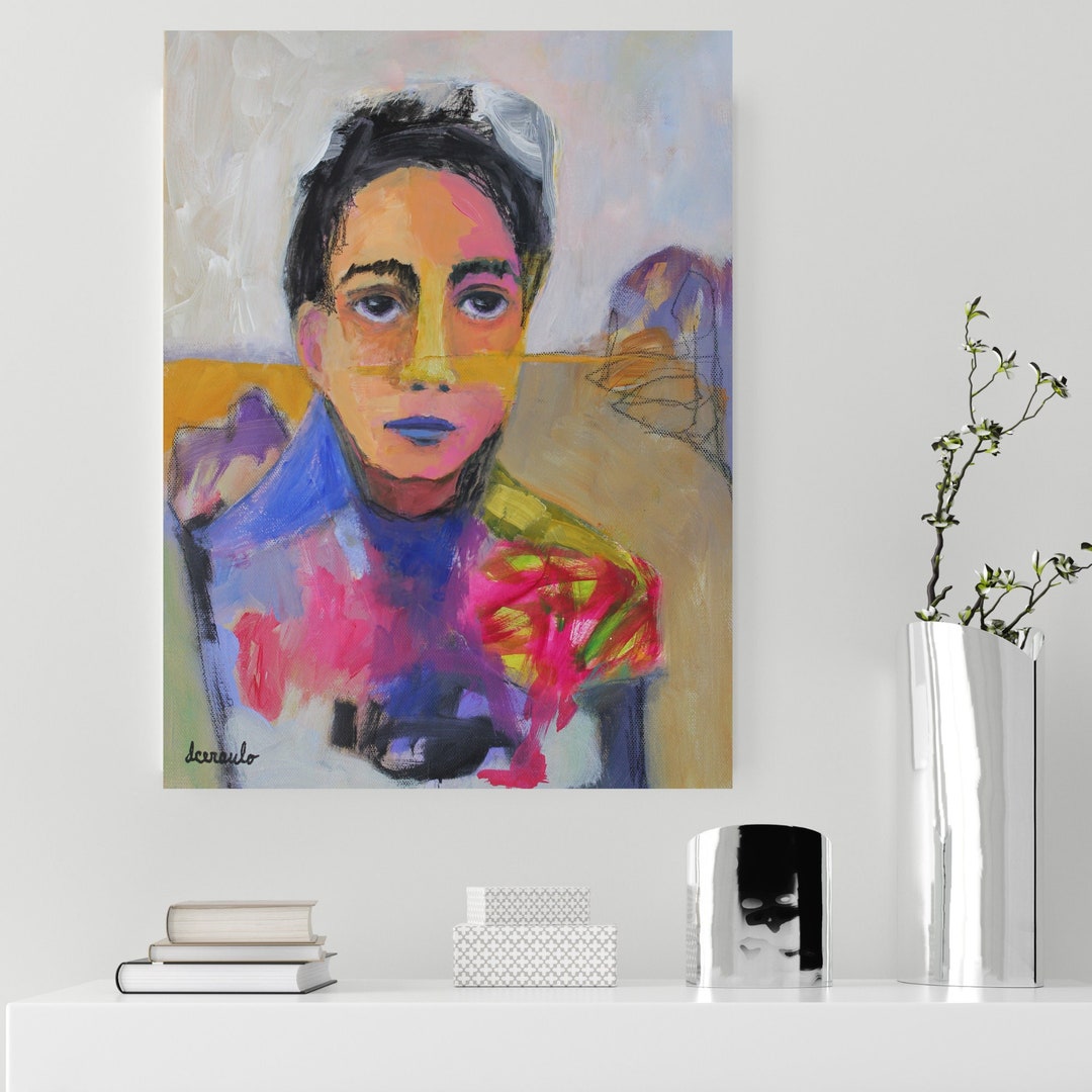 Contemporary Art Mixed Media Abstract Painting Young Man Portrait on