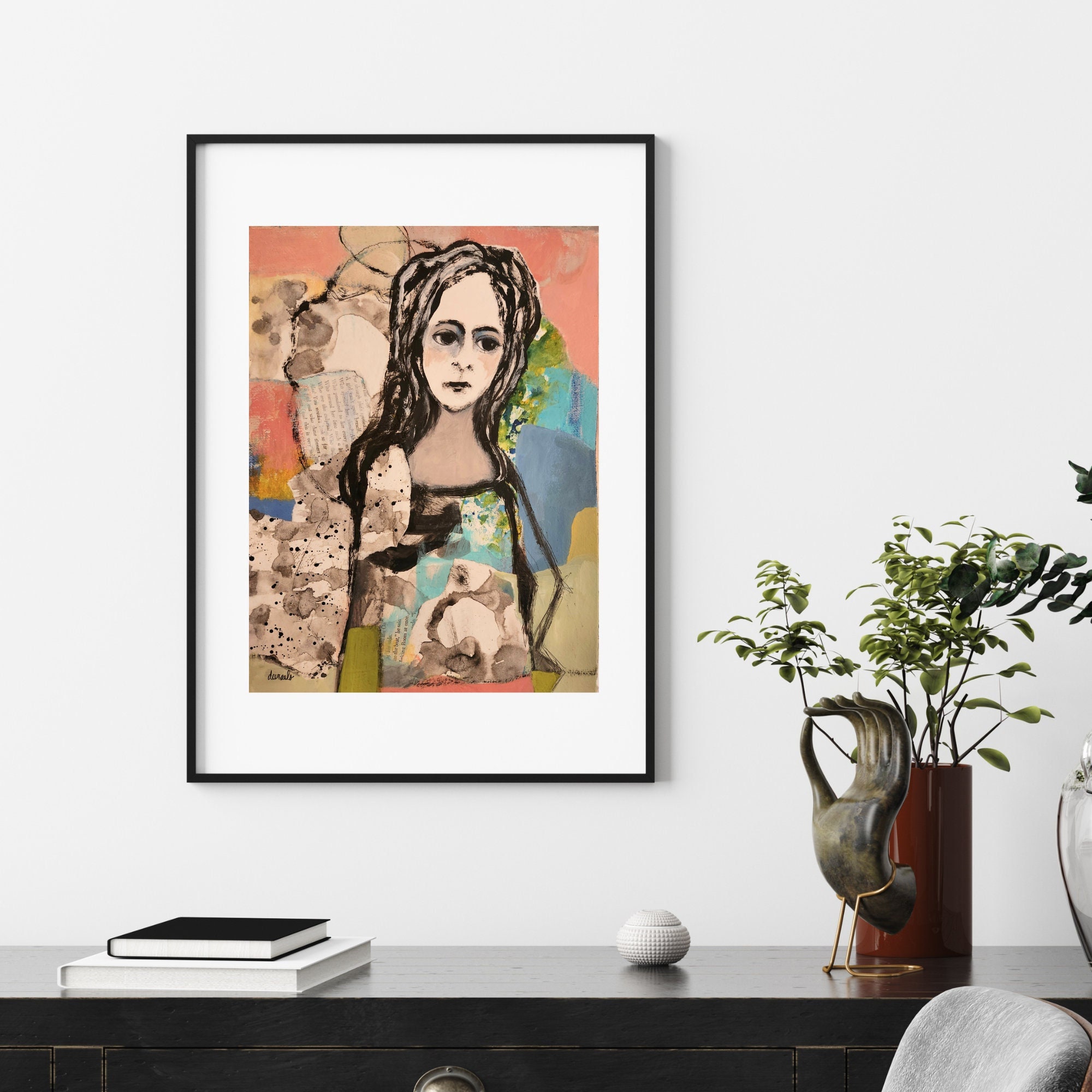 Whimsical modern painting female abstract portrait mixed media contemporary collage art on 12x16 artist paper "Heidi" by Donna Ceraulo