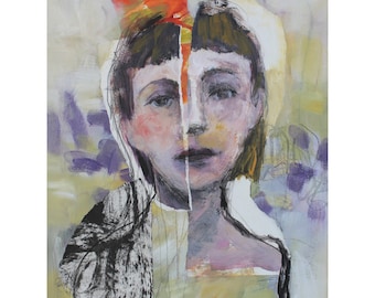 Boho Wall Art Contemporary Art Mixed Media Abstract Painting Young Woman Girl Portrait on 12x16 canvas &quot;Genevieve&quot; by Donna Ceraulo
