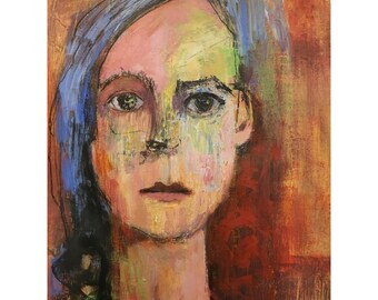 Original mixed media art expressionist art portrait wall art modern abstract face female portrait on 12x16 paper "Angela" by Donna Ceraulo