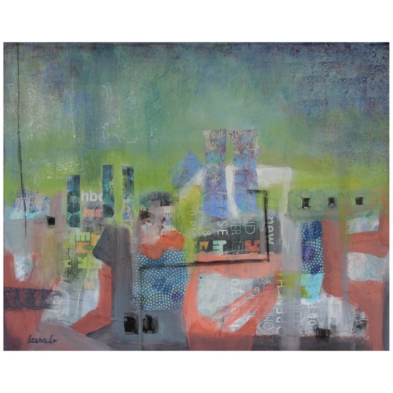 lime green aqua Abstract Art Collage Original Art Mixed Media Collage 16x20 Happy Meal Factory by Donna Ceraulo coral