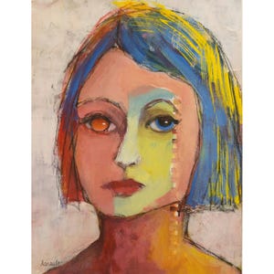 Original Painting mixed media abstract Female Portrait eclectic home decor wall art abstract face on 11x14 paper “Mavis&quot; by Donna Ceraulo