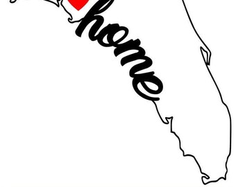 May include: Outline of the state of Florida with a red heart over the central part of the state and the word "home" written in a cursive font.