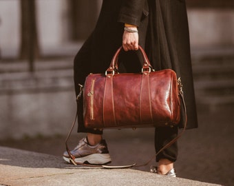 ENTREGA EN 48 HORAS, Bolso de mano de cuero italiano hecho a mano: Bolso de fin de semana de cuero marrón