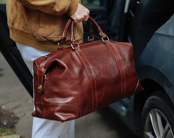 ENTREGA EN 48 HORAS, Bolso de mano de cuero italiano hecho a mano: Bolso de fin de semana de cuero marrón