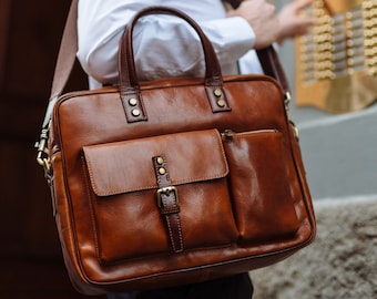 48Hours DELIEVRY,Handcrafted Italian Leather Briefcase: Bicolor Laptop Bag