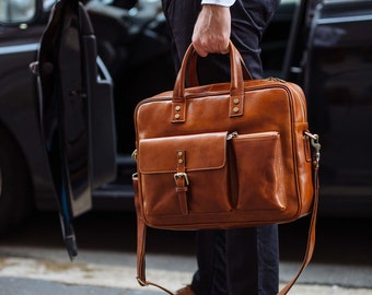 48Hours DELIEVRY,Brown Leather Briefcase, Italian Handcrafted Laptop Bag, Shoulder Bag