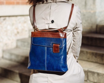 leather handbag,blue leather backpack,blue  leather bag, handmade woman bag, handmade leather bag, everyday bag, backpack.