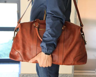 ENTREGA EN 48 HORAS, Bolsa de viaje de cuero italiano: bolso de fin de semana artesanal, bolso de cabina