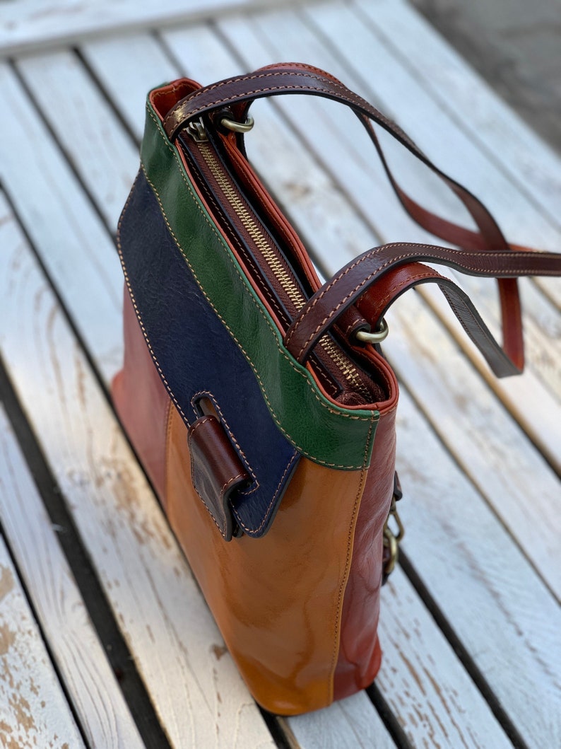 leather handbag,leather backpack,multicolor leather bag, handmade woman bag, handmade leather bag, everyday bag, backpack. image 4