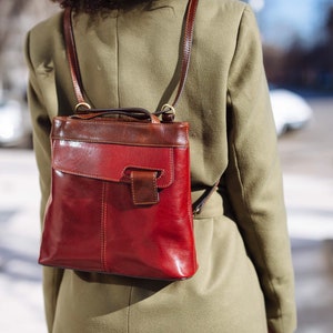 leather handbag,red leather backpack,red leather bag, handmade woman bag, handmade leather bag, everyday bag, backpack. image 1
