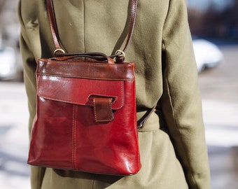 leather handbag,red leather backpack,red leather bag, handmade woman bag, handmade leather bag, everyday bag, backpack.