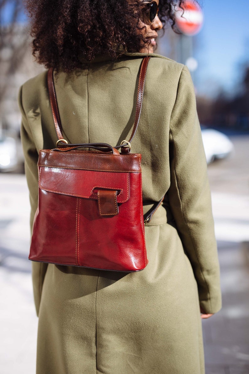 leather handbag,red leather backpack,red leather bag, handmade woman bag, handmade leather bag, everyday bag, backpack. image 1