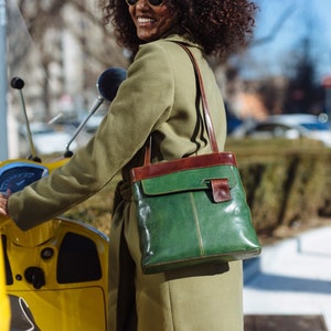 leather handbag,green leather backpack, leather bag, handmade woman bag, handmade leather bag, everyday bag, backpack. image 1