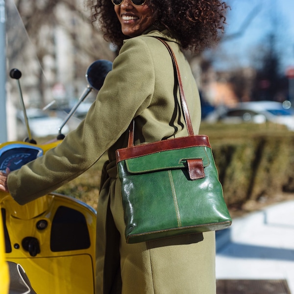 leather handbag,green leather backpack, leather bag, handmade woman bag, handmade leather bag, everyday bag, backpack.